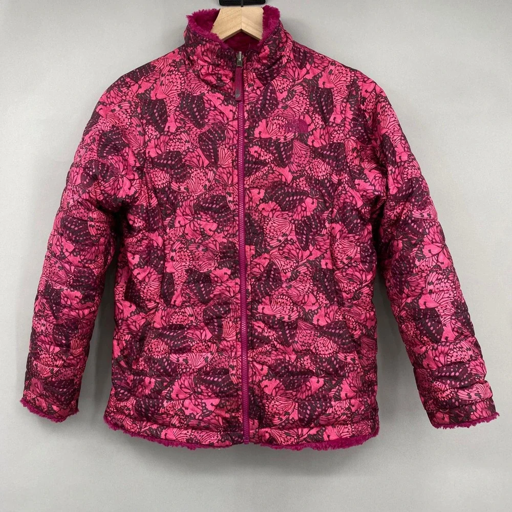 The North Face Reversible Mossbud Swirl Jacket Girls XL 18 Pink Butterfly Fleece